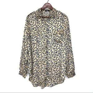 Boohoo Golden Tan Silken Leopard Print Button Up Blouse Casual Career Size 14